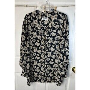 Josephine Big Shirt Women's 16 Black Floral Collard Long Sleeve Button Front